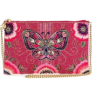 Mary Frances Social Butterfly Pink Floral Beaded Mini Crossbody Bag Clutch Purse